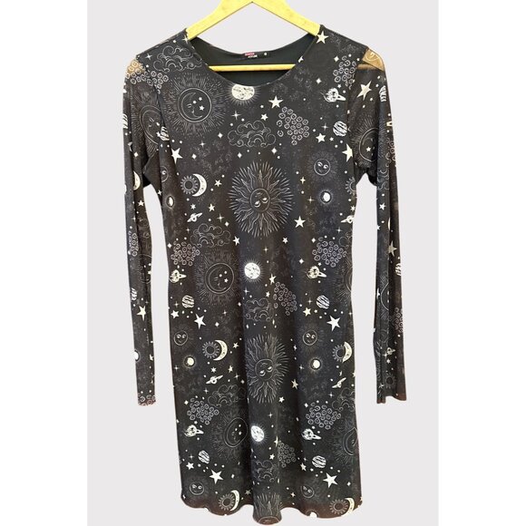 Y2K Marisa Atitude Black Sheer Celestial Sun Moon Star Print Dress Cosmic Goth - Picture 1 of 4